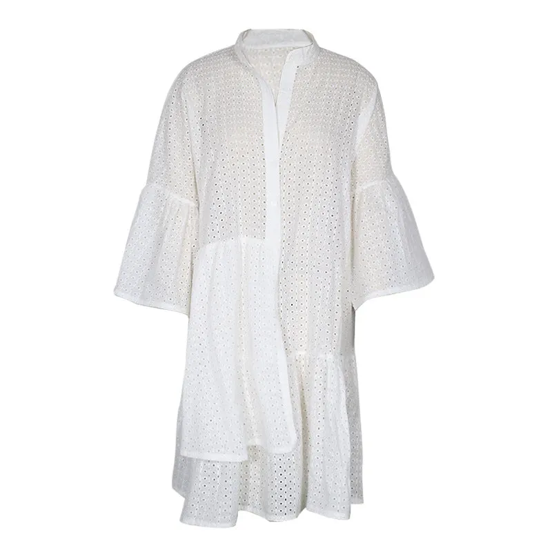 2021 Summer New Solid Color Stand Collar Irregular Large Size Straight Dress Female FC992