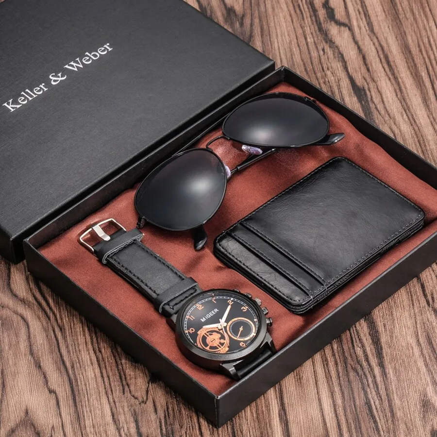 A Unique Gift Luxury Rose Gold Color with Leather Watch, Wallet & Fashion Sunglasses Sets for Men M14