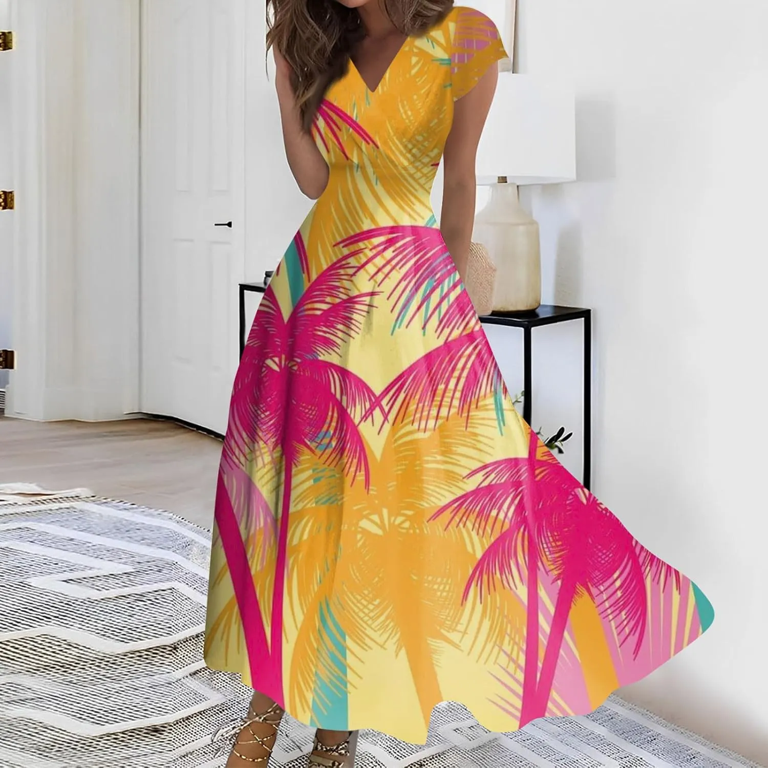 Azeralia Wedding Dress Deep V Neck Short Sleeve Sun Dress for Beach Vacation Wedding Guest Dress Tea Party Dresses for Woman