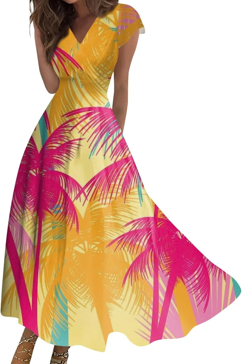 Azeralia Wedding Dress Deep V Neck Short Sleeve Sun Dress for Beach Vacation Wedding Guest Dress Tea Party Dresses for Woman