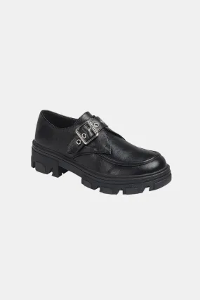 Black Buckled Platform Lug Sole Loafers
