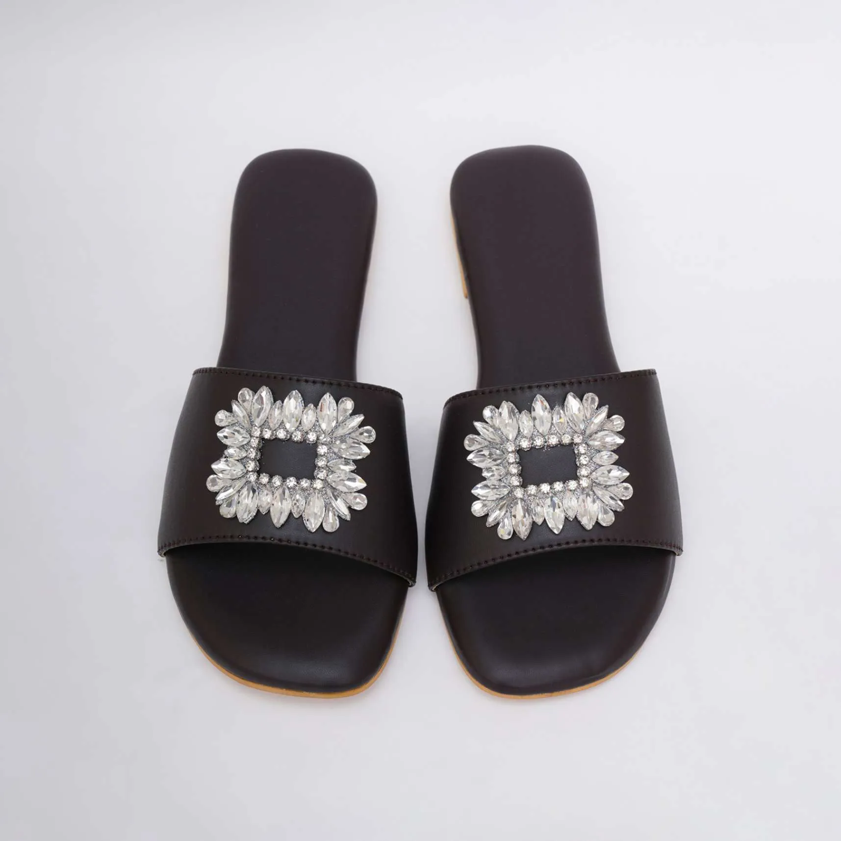Black Festive Brooch Flats In Soft Faux Leather