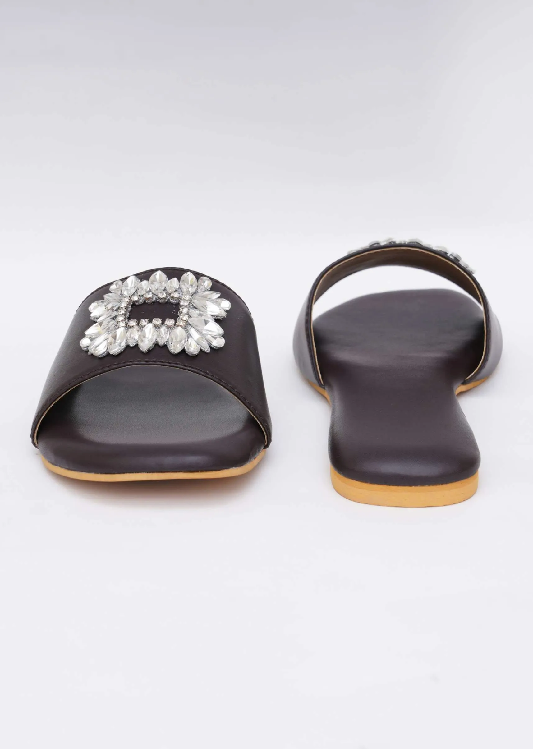 Black Festive Brooch Flats In Soft Faux Leather