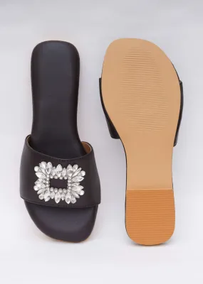 Black Festive Brooch Flats In Soft Faux Leather