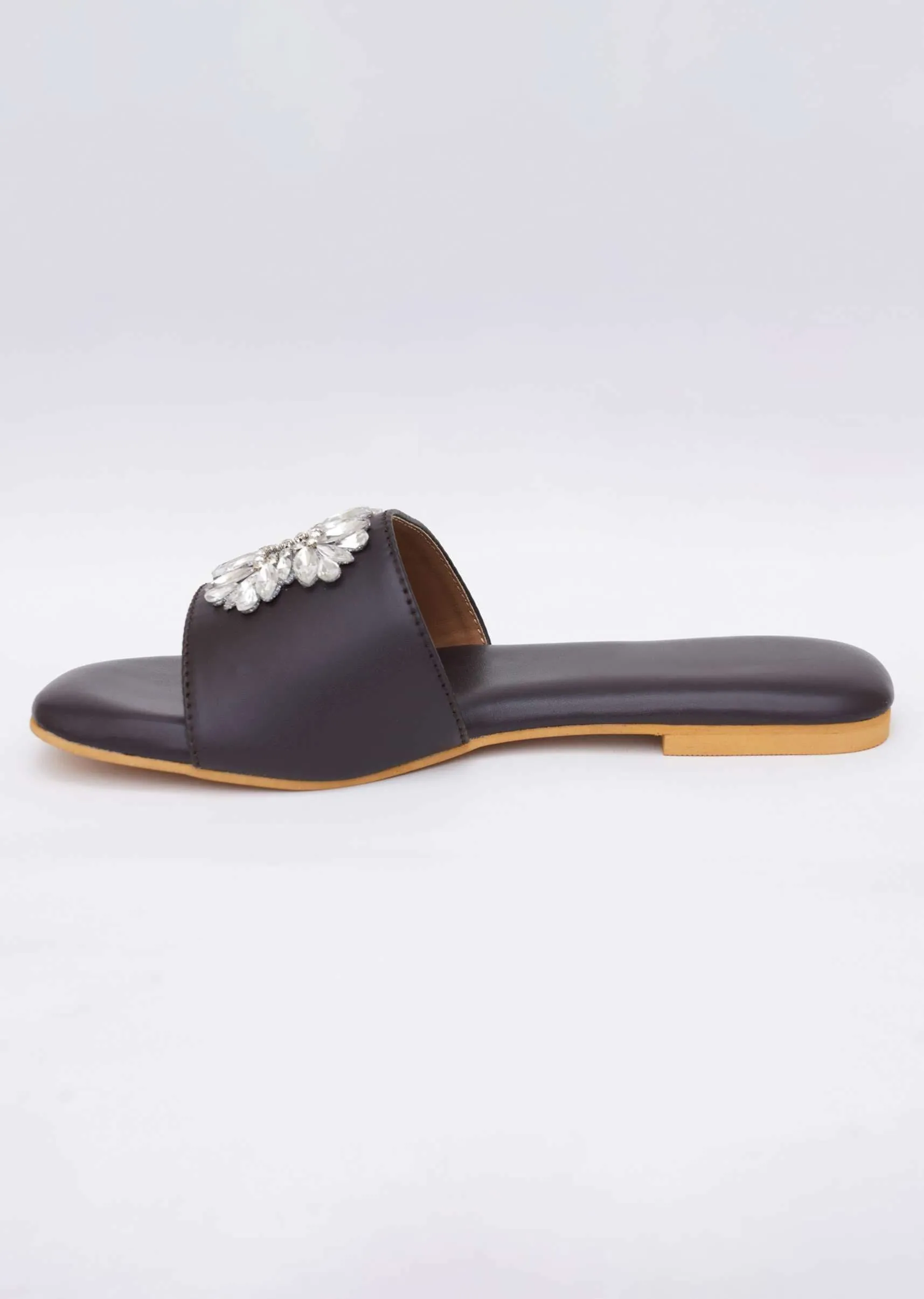 Black Festive Brooch Flats In Soft Faux Leather