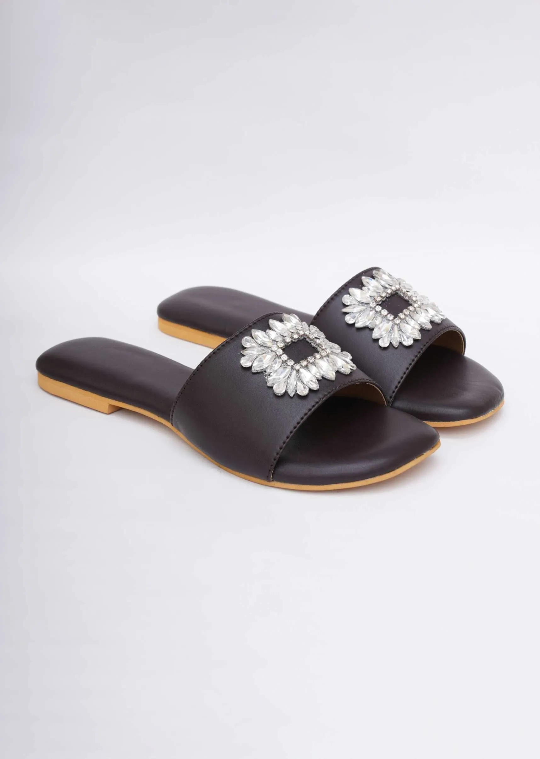 Black Festive Brooch Flats In Soft Faux Leather