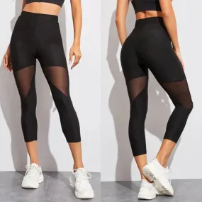 Black Patchwork Mesh Leggings Women's Jeggings for Fitness
