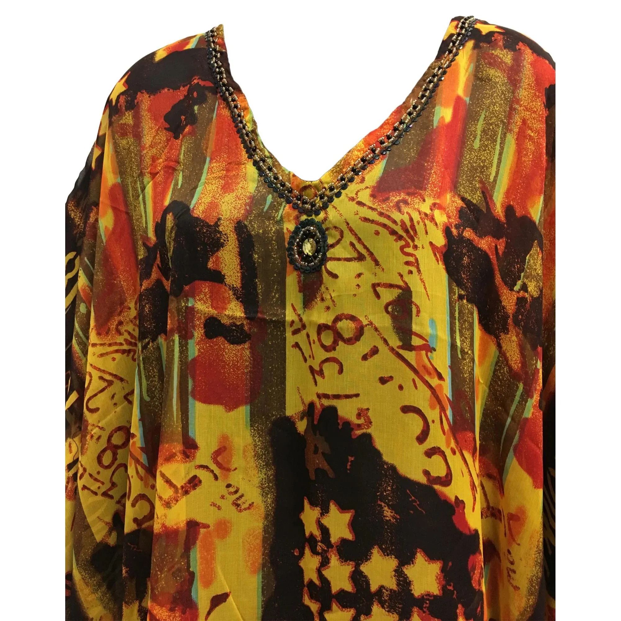 Bohemian Beaded V-Neck Printed Cover Up Caftan Kimono Sleeve Dress JK12