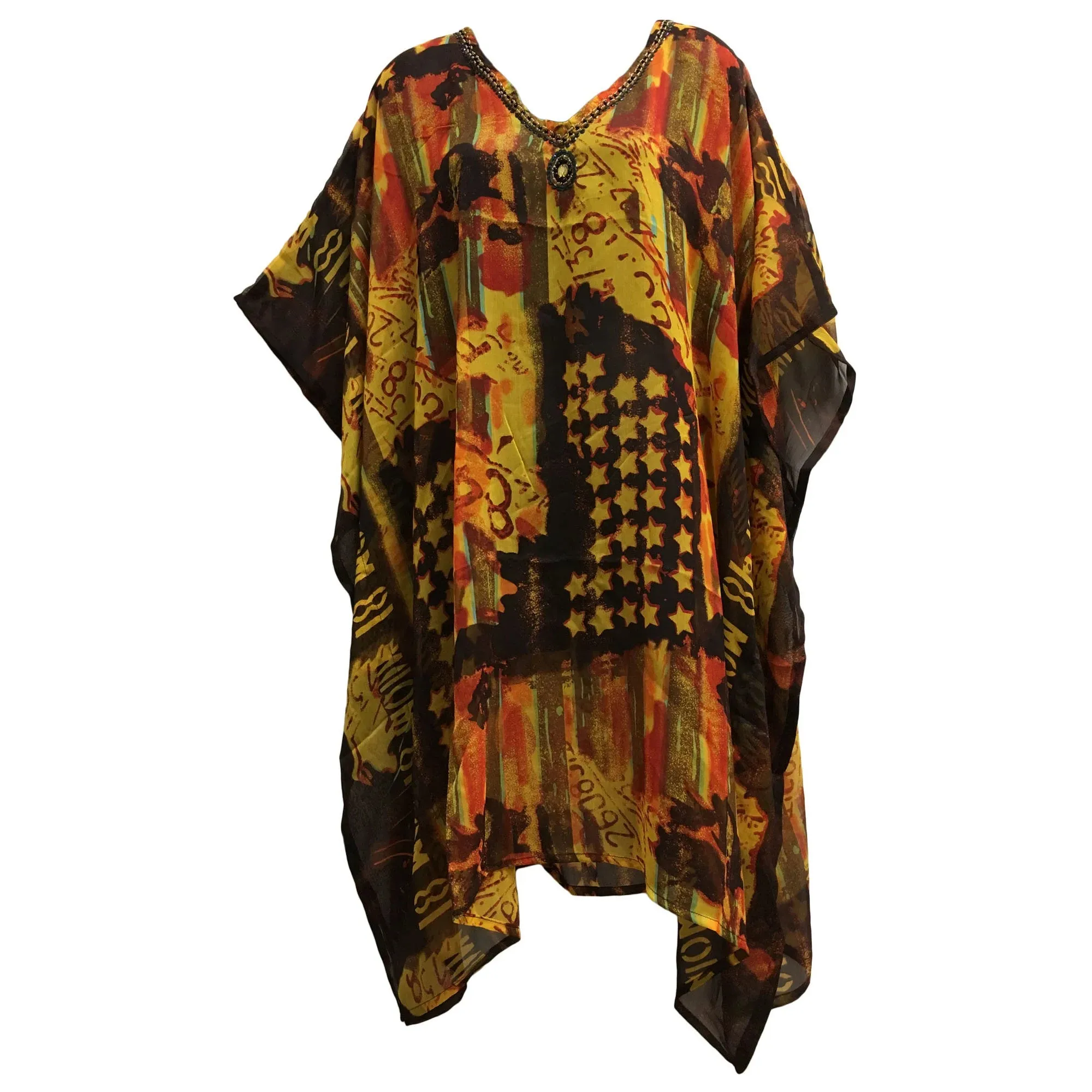 Bohemian Beaded V-Neck Printed Cover Up Caftan Kimono Sleeve Dress JK12