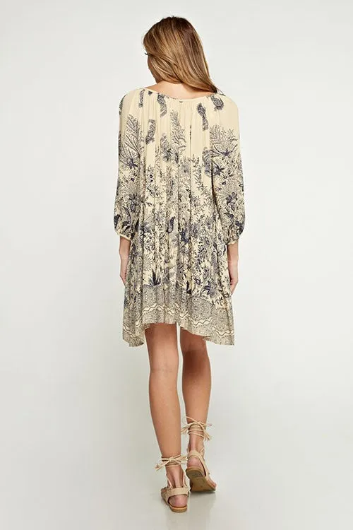 Botanical Floral Gauze Peasant Mini Dress