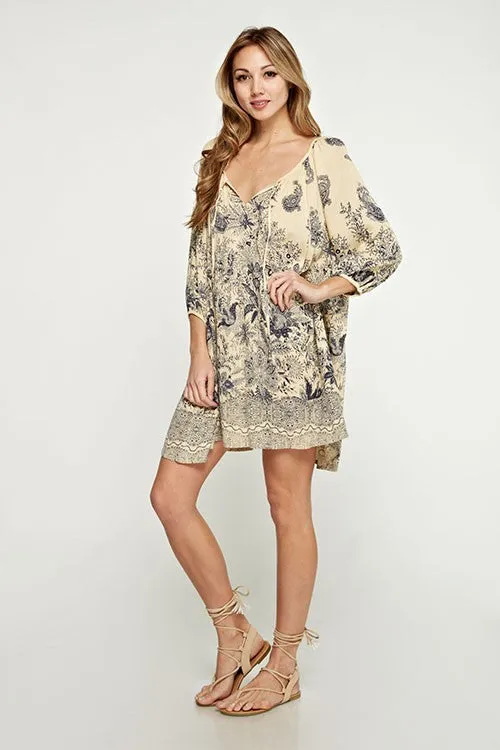 Botanical Floral Gauze Peasant Mini Dress