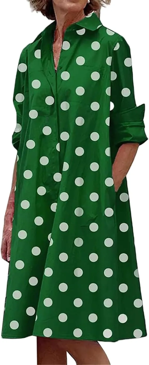 Button Down Shirt Dress for Women Casual Loose Fit Shift Tunic Dress Summer Print Vacation Sundress with Pockets