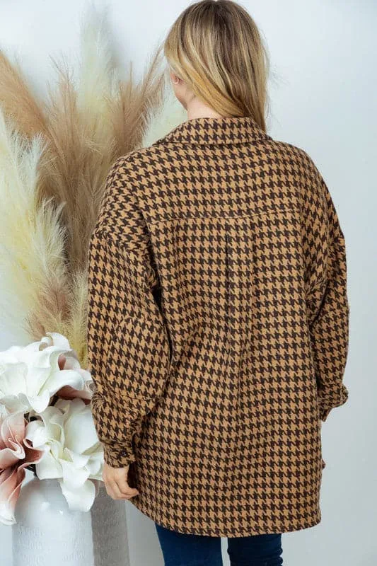 Chic Peek Houndstooth Woven Brown Shacket