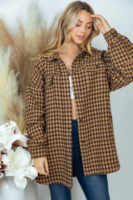 Chic Peek Houndstooth Woven Brown Shacket