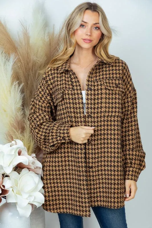 Chic Peek Houndstooth Woven Brown Shacket
