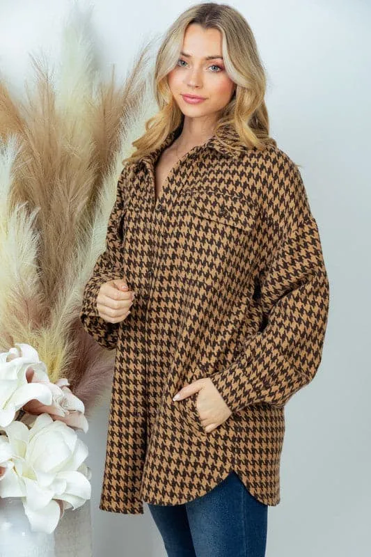 Chic Peek Houndstooth Woven Brown Shacket