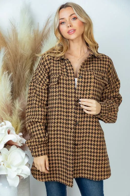 Chic Peek Houndstooth Woven Brown Shacket