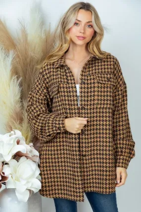 Chic Peek Houndstooth Woven Brown Shacket