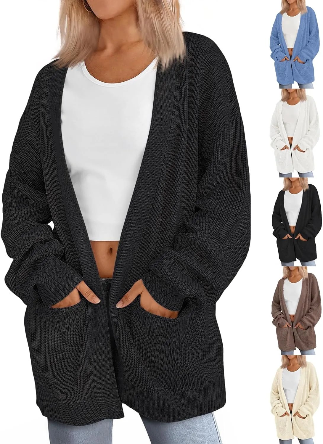 Chunky Cardigans for Women Soft Long Sleeve Cable Knit Sweater Oversized Waffle Knit Cardigan with Pockets