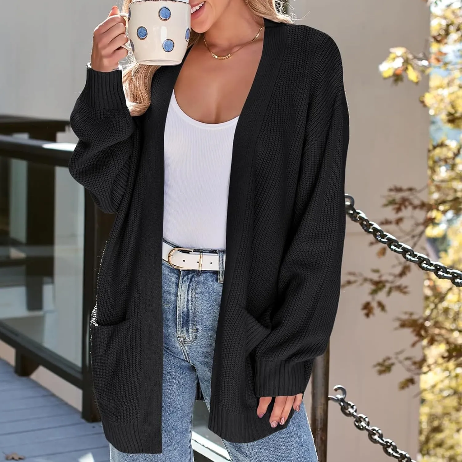 Chunky Cardigans for Women Soft Long Sleeve Cable Knit Sweater Oversized Waffle Knit Cardigan with Pockets