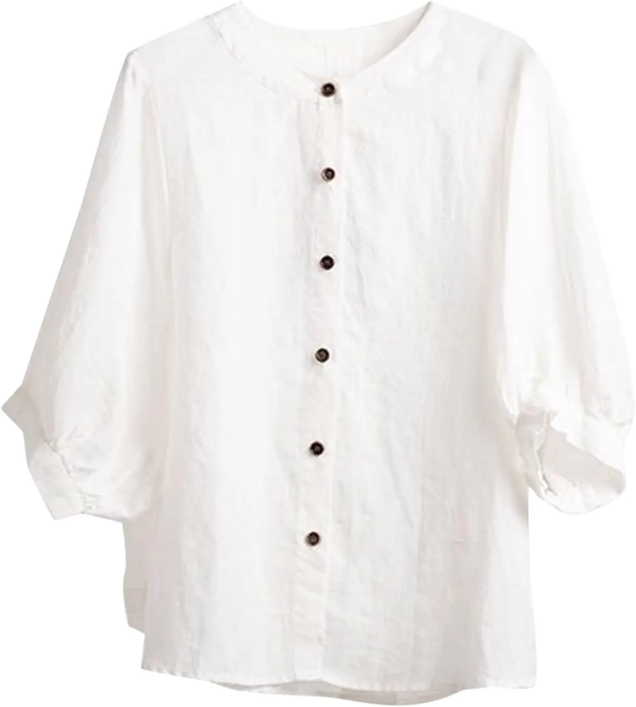 Cotton and Linen Shirts for Women 3/4 Length Sleeve Tops Crew Neck Summer Casual Loose Fit Breathable Blouse Tees