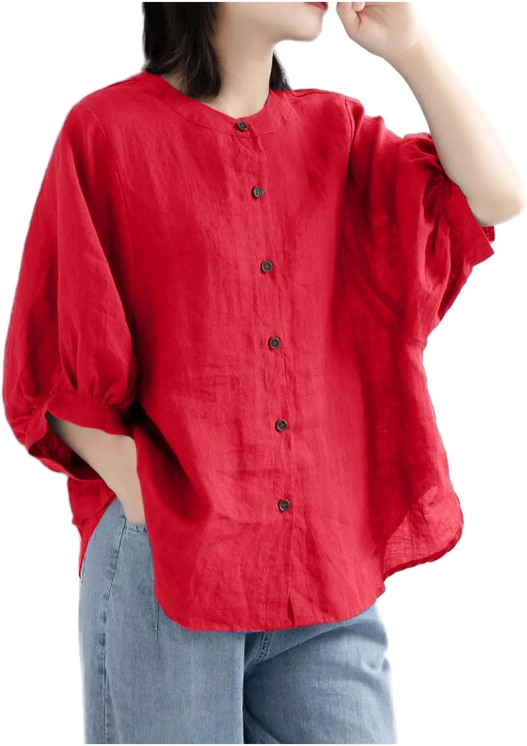 Cotton and Linen Shirts for Women 3/4 Length Sleeve Tops Crew Neck Summer Casual Loose Fit Breathable Blouse Tees