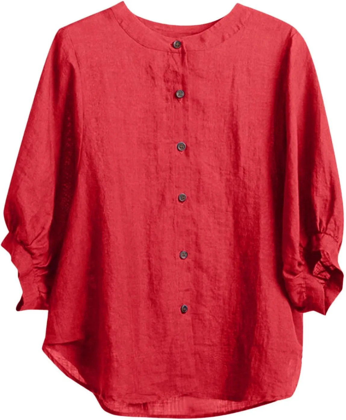 Cotton and Linen Shirts for Women 3/4 Length Sleeve Tops Crew Neck Summer Casual Loose Fit Breathable Blouse Tees