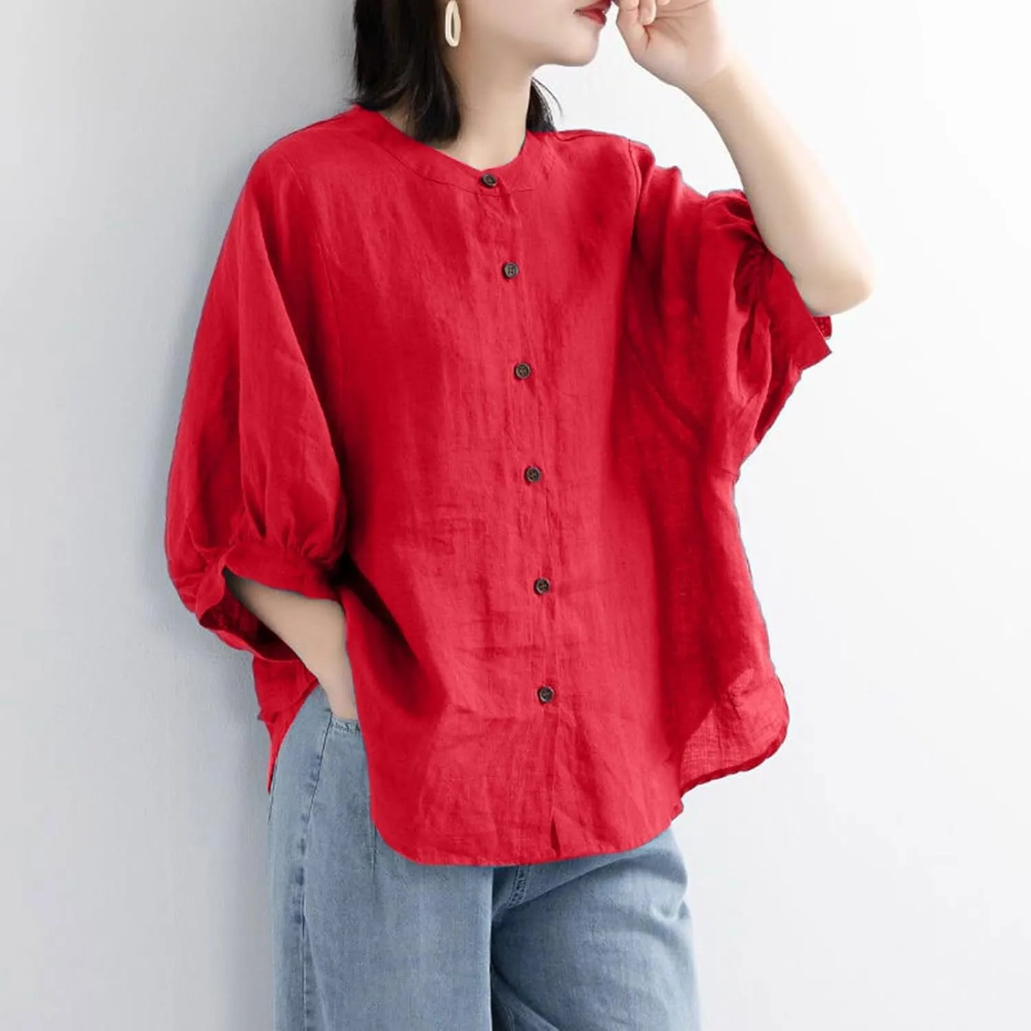 Cotton and Linen Shirts for Women 3/4 Length Sleeve Tops Crew Neck Summer Casual Loose Fit Breathable Blouse Tees