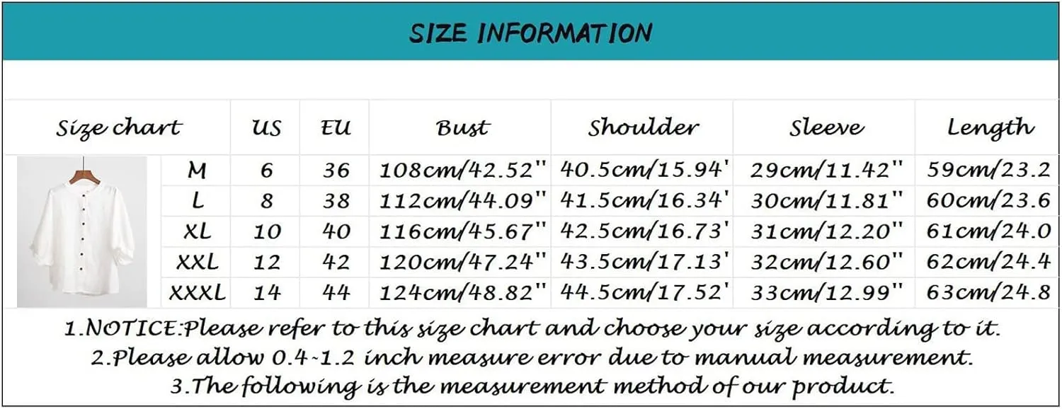 Cotton and Linen Shirts for Women 3/4 Length Sleeve Tops Crew Neck Summer Casual Loose Fit Breathable Blouse Tees