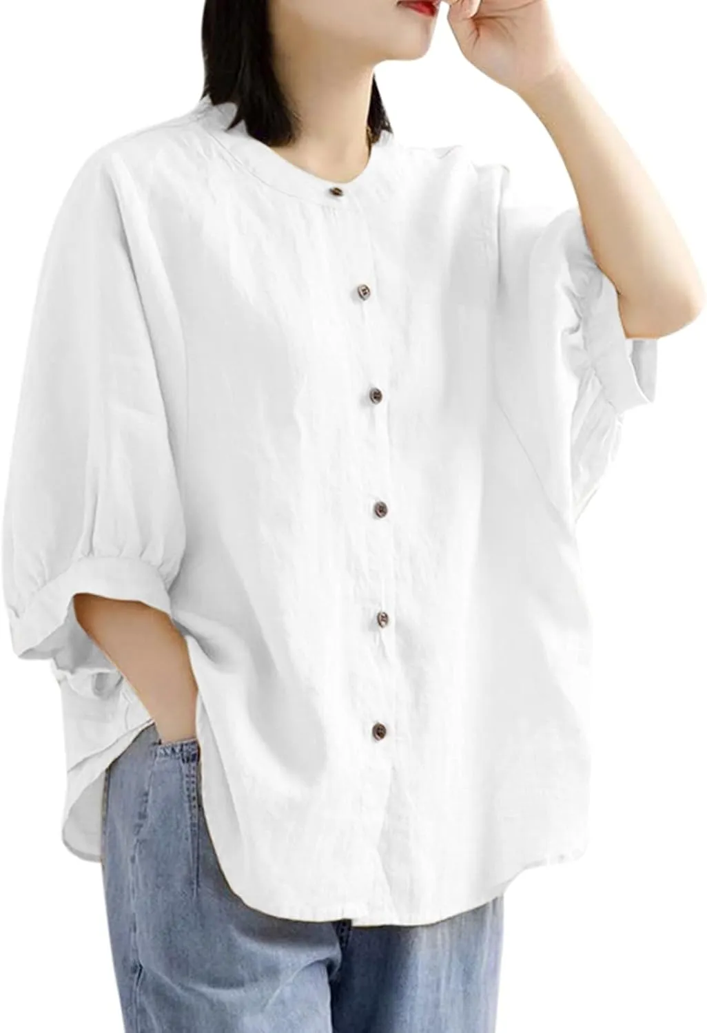 Cotton and Linen Shirts for Women 3/4 Length Sleeve Tops Crew Neck Summer Casual Loose Fit Breathable Blouse Tees