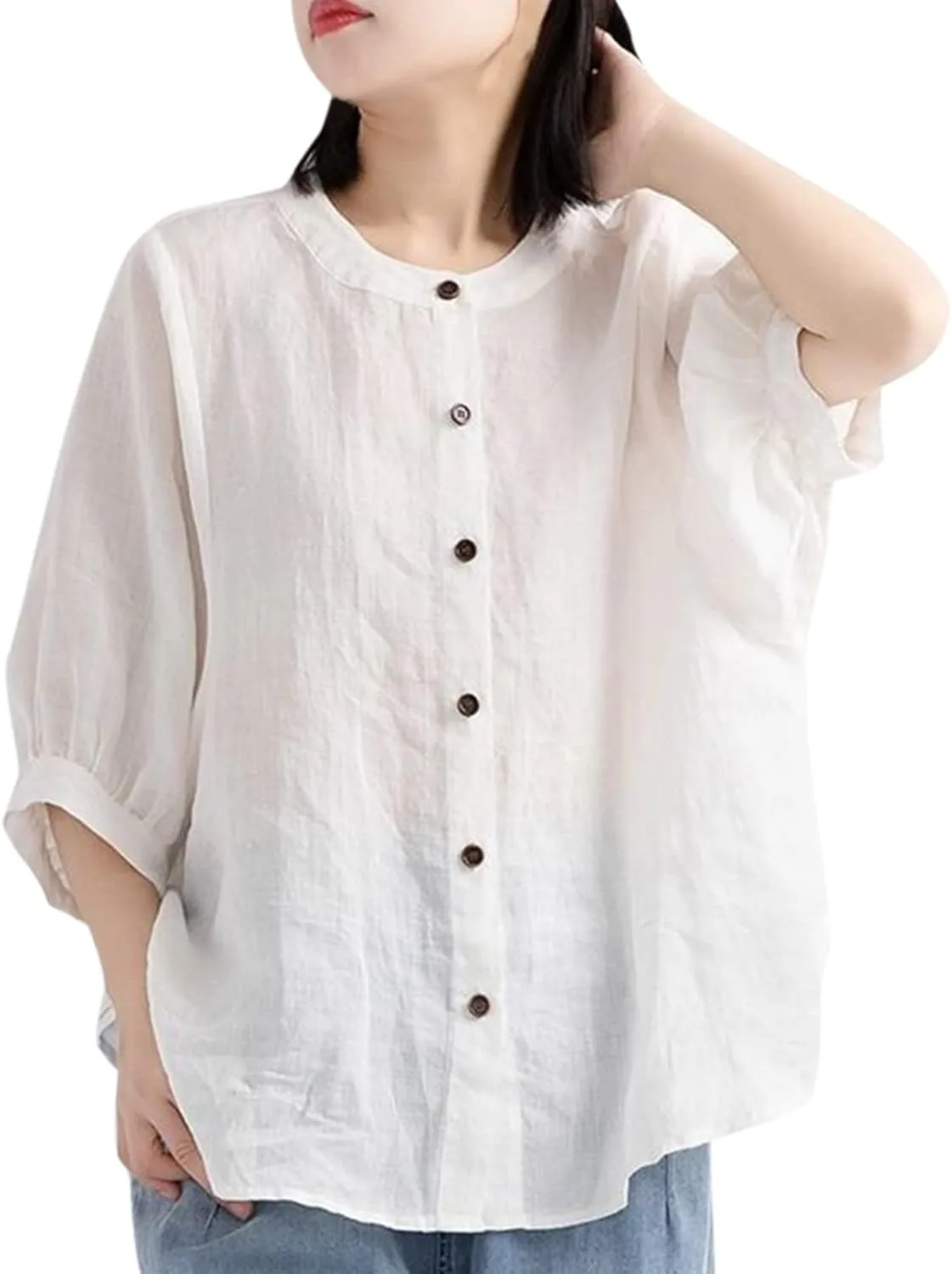 Cotton and Linen Shirts for Women 3/4 Length Sleeve Tops Crew Neck Summer Casual Loose Fit Breathable Blouse Tees