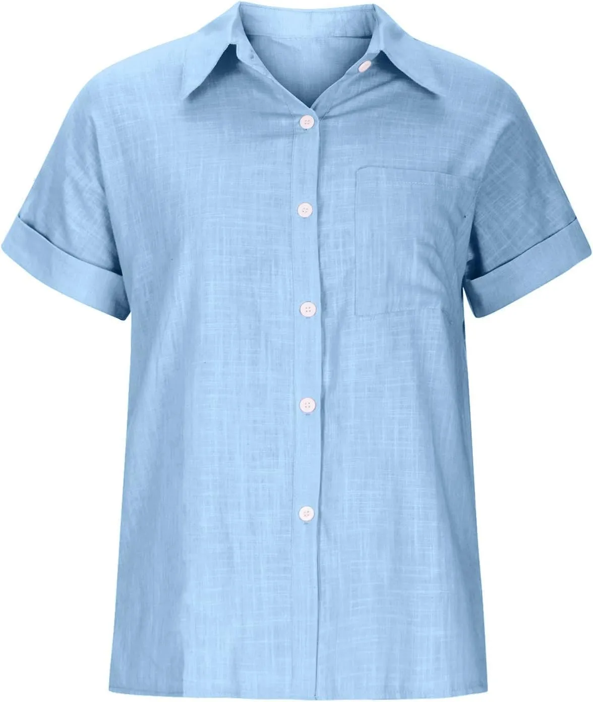 Cotton Linen Shirts for Women Summer Short Sleeve Casual Collared top Loose fit Solid V Neck Button Down T-Shirt tee