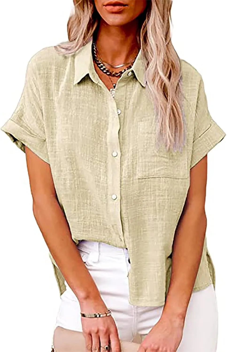 Cotton Linen Shirts for Women Summer Short Sleeve Casual Collared top Loose fit Solid V Neck Button Down T-Shirt tee
