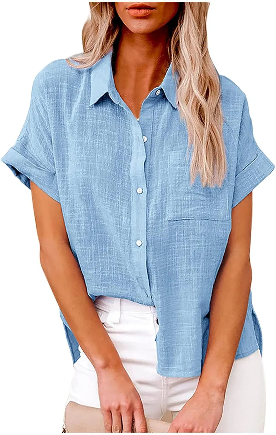 Cotton Linen Shirts for Women Summer Short Sleeve Casual Collared top Loose fit Solid V Neck Button Down T-Shirt tee