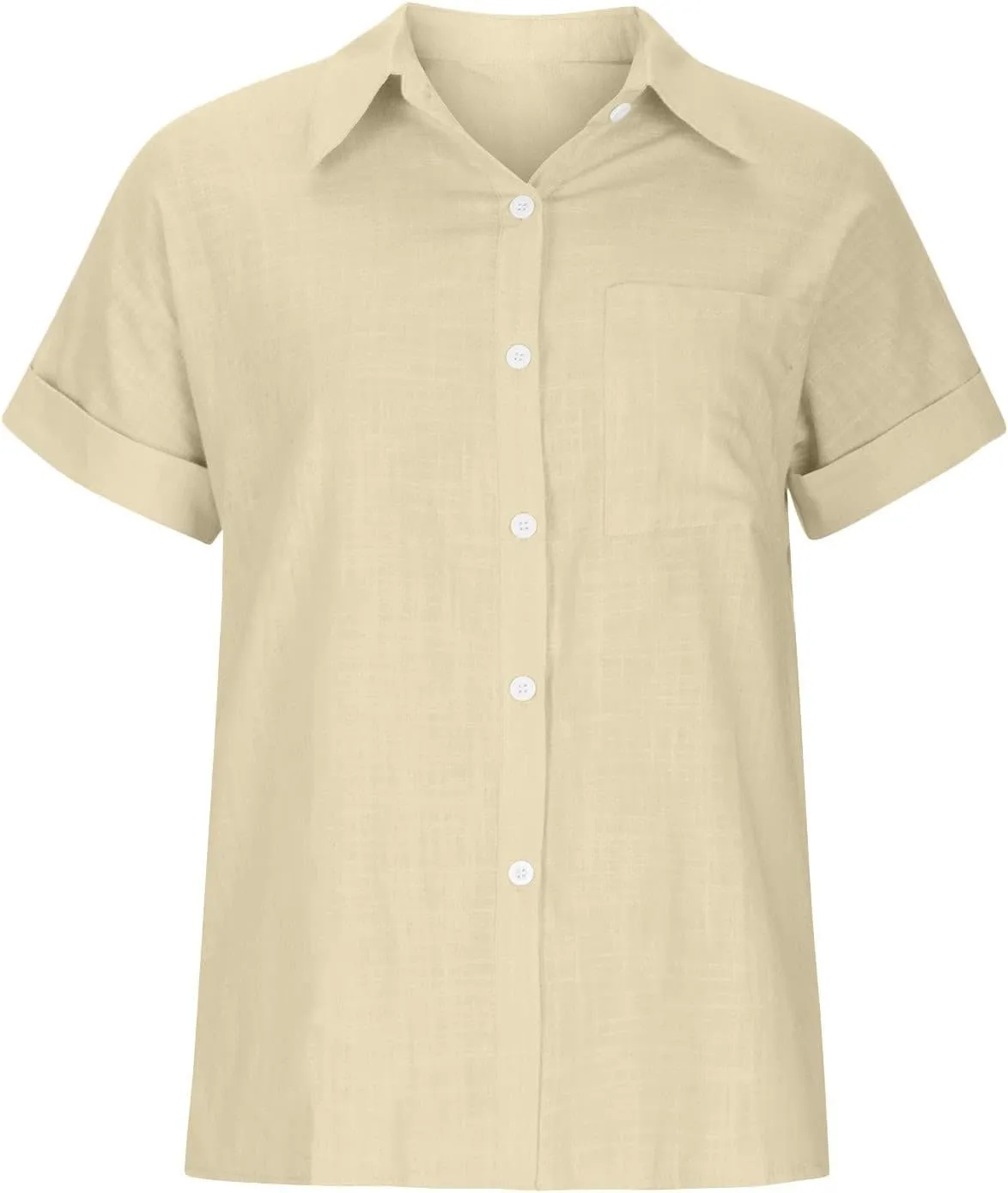 Cotton Linen Shirts for Women Summer Short Sleeve Casual Collared top Loose fit Solid V Neck Button Down T-Shirt tee