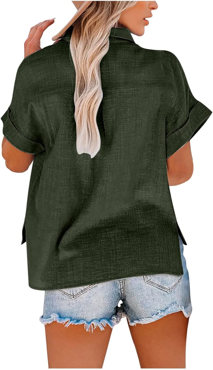 Cotton Linen Shirts for Women Summer Short Sleeve Casual Collared top Loose fit Solid V Neck Button Down T-Shirt tee