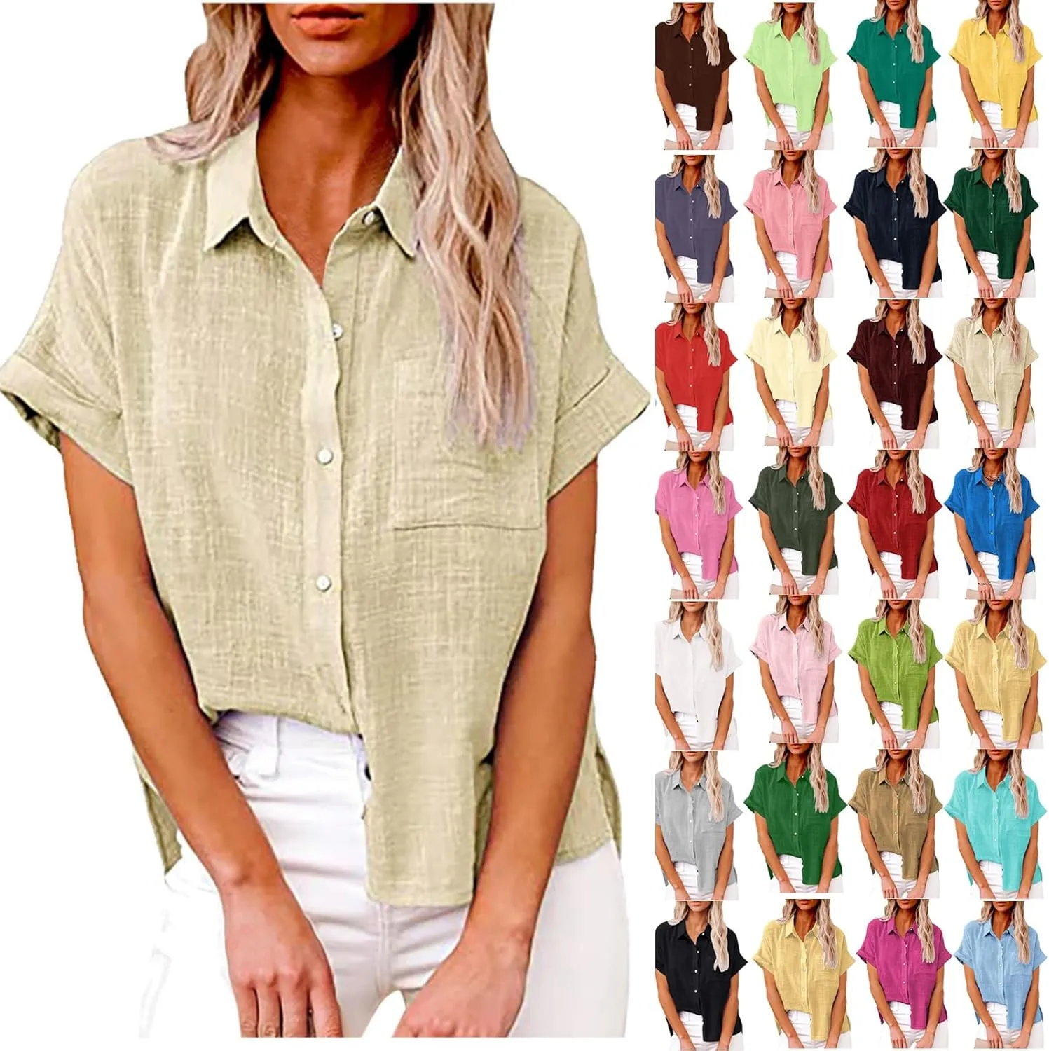 Cotton Linen Shirts for Women Summer Short Sleeve Casual Collared top Loose fit Solid V Neck Button Down T-Shirt tee