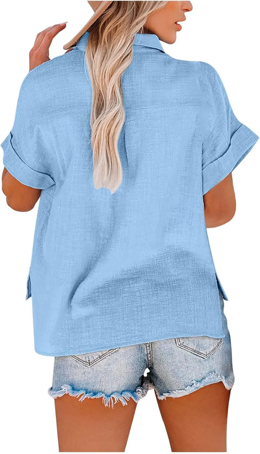 Cotton Linen Shirts for Women Summer Short Sleeve Casual Collared top Loose fit Solid V Neck Button Down T-Shirt tee
