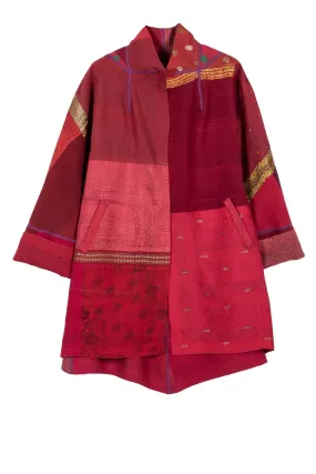 COTTON SILK SW PATCH KANTHA FLARE LONG JACKET - ws2021-red -