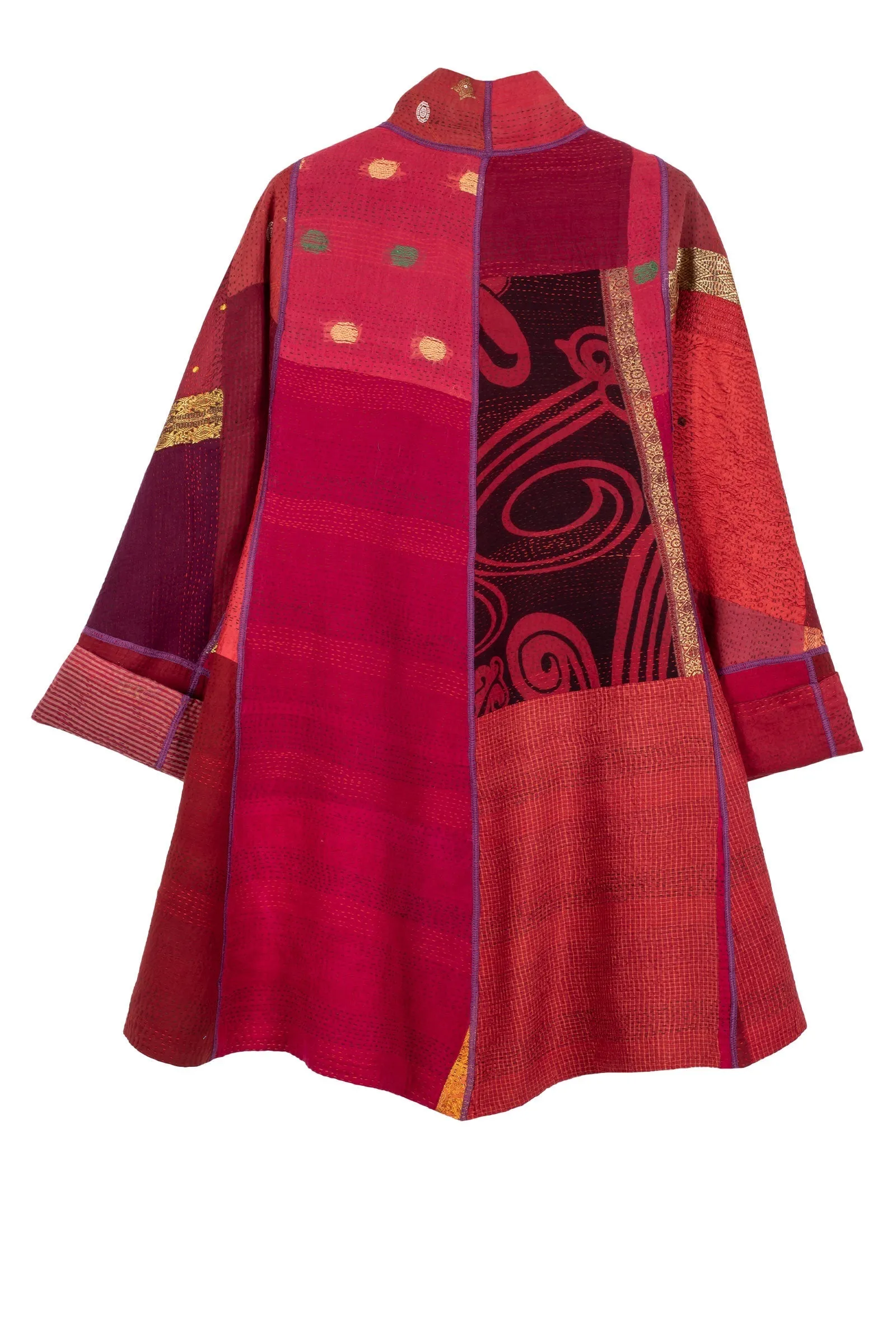 COTTON SILK SW PATCH KANTHA FLARE LONG JACKET - ws2021-red -