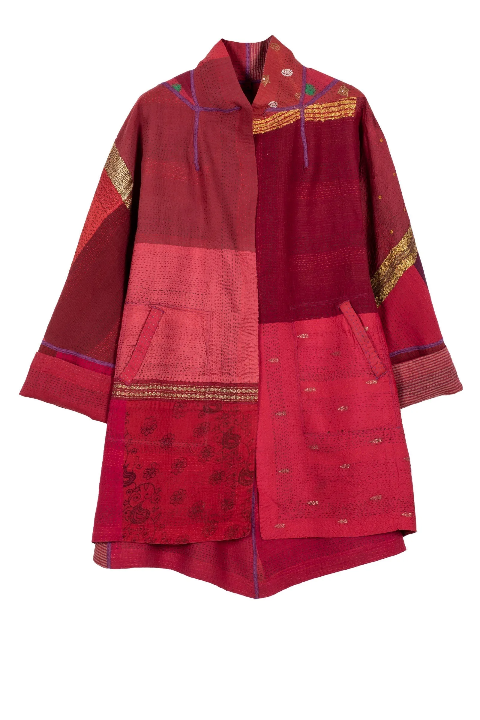COTTON SILK SW PATCH KANTHA FLARE LONG JACKET - ws2021-red -