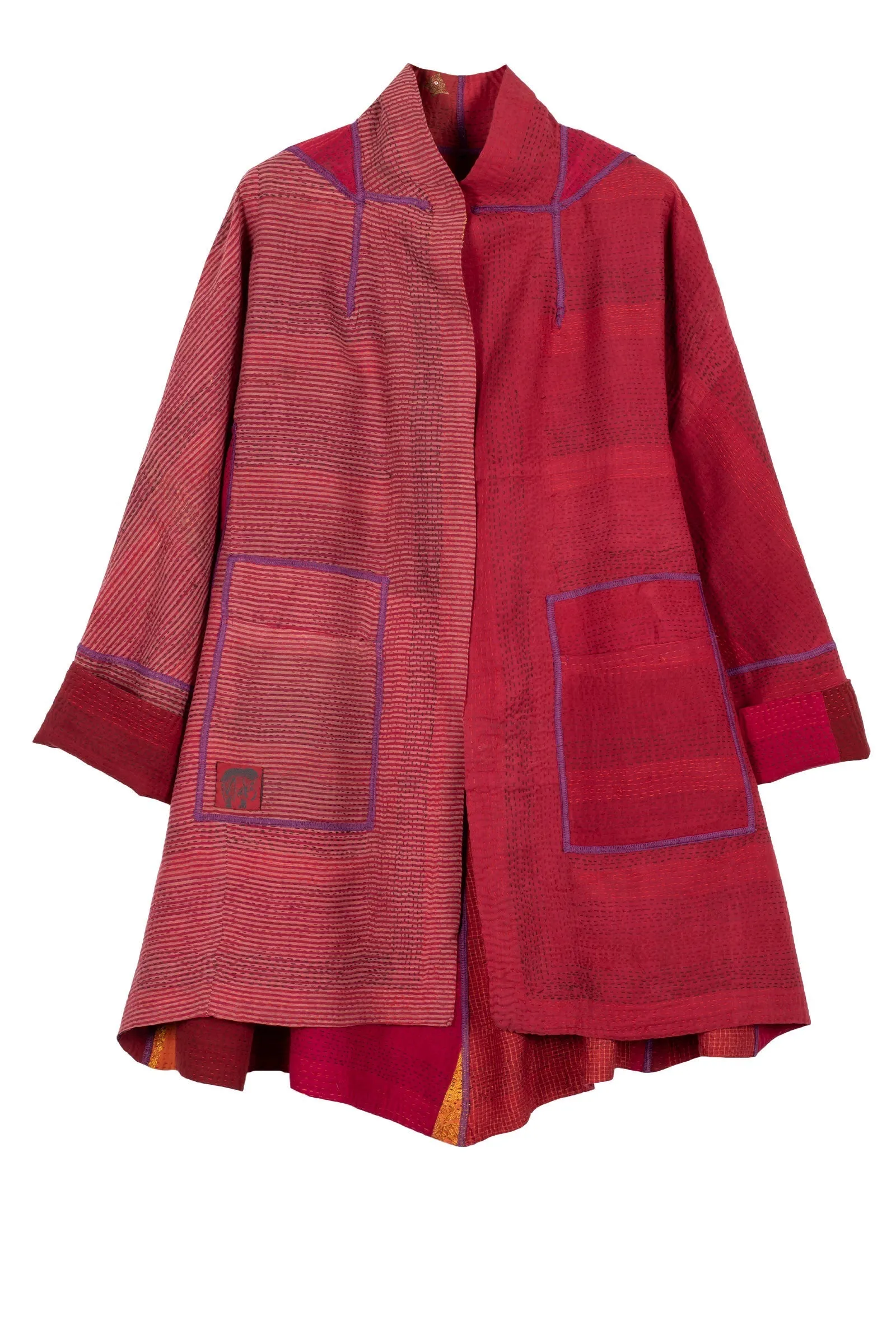 COTTON SILK SW PATCH KANTHA FLARE LONG JACKET - ws2021-red -