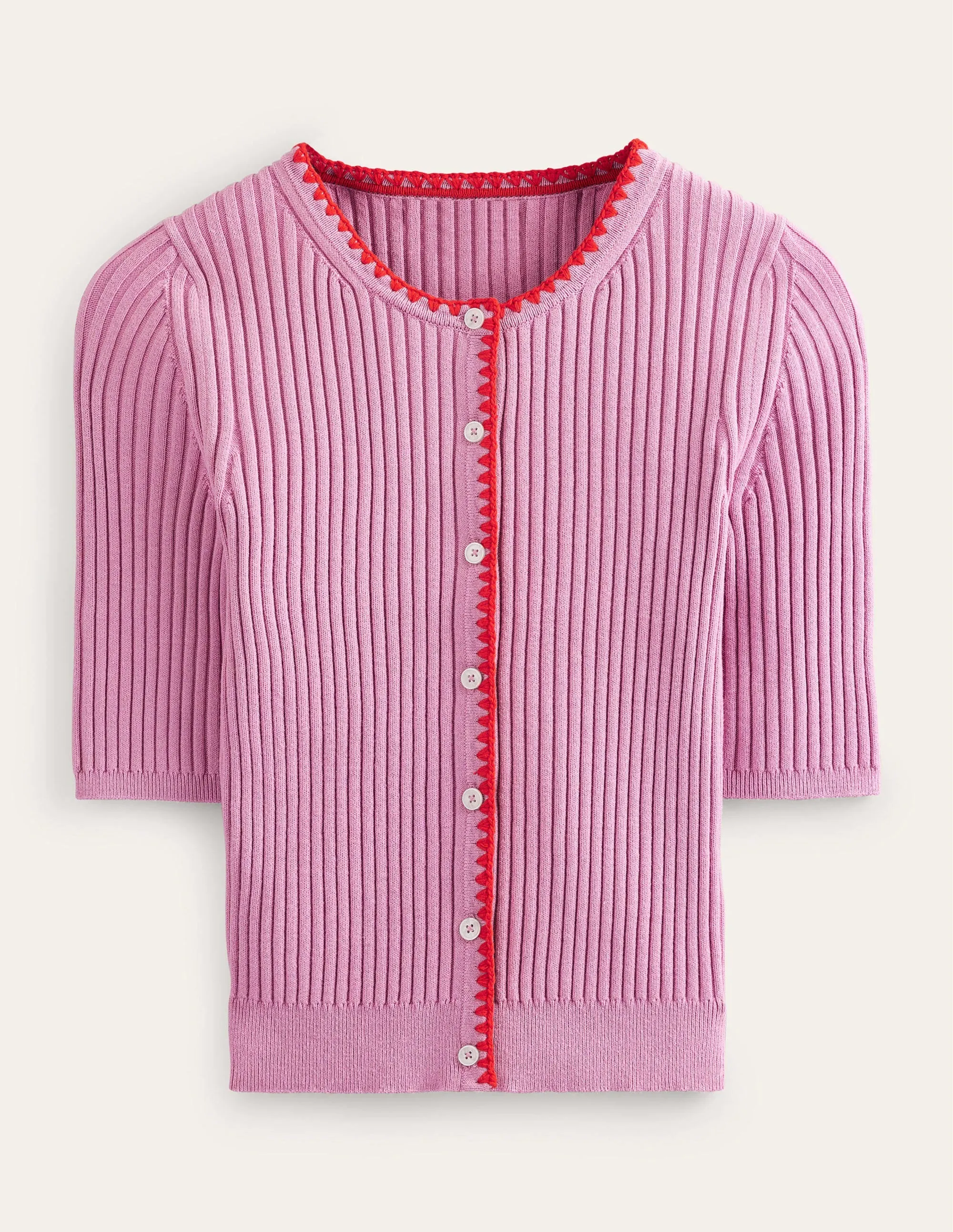 Crochet-Trim Ribbed Cardigan-Soft Lavender