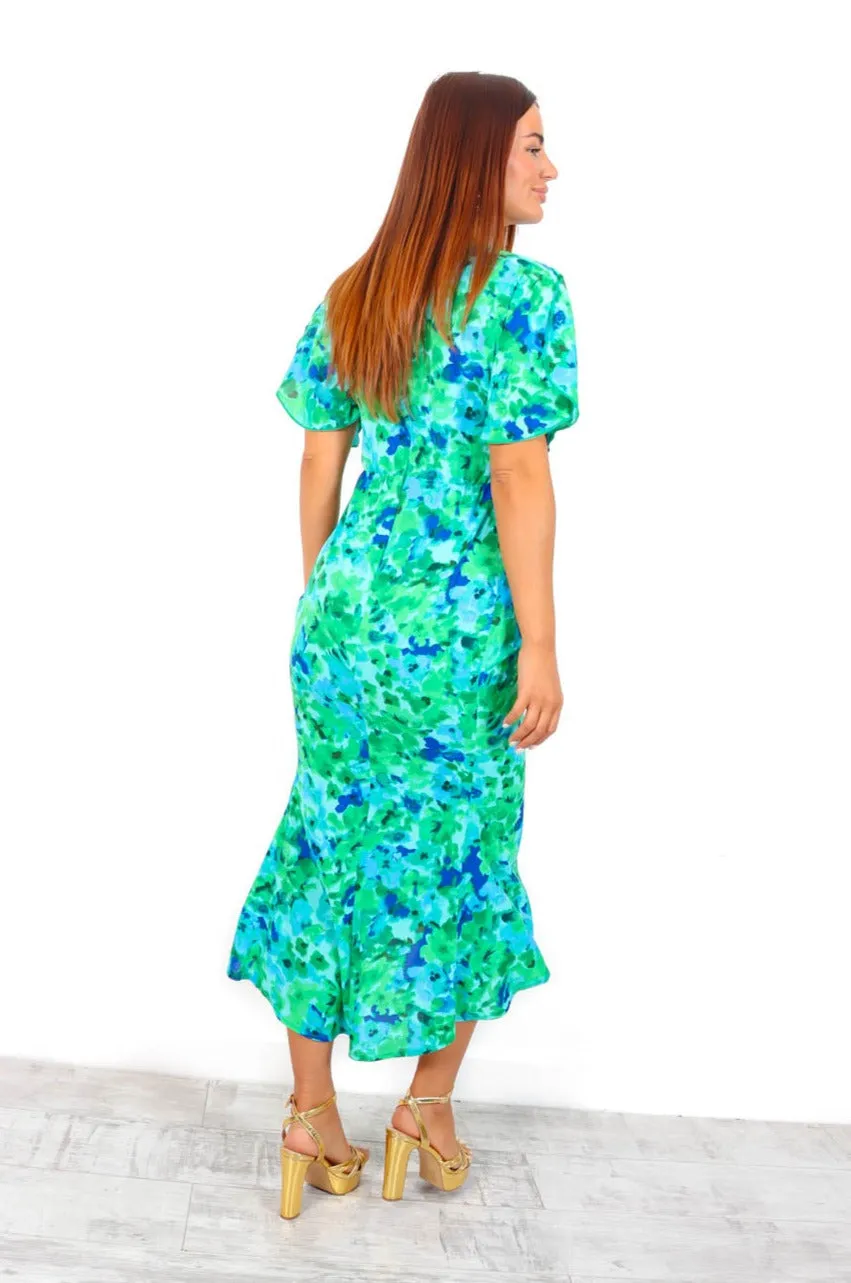 Date Night Dream - Green Blue Floral Print Ruched Midi Dress