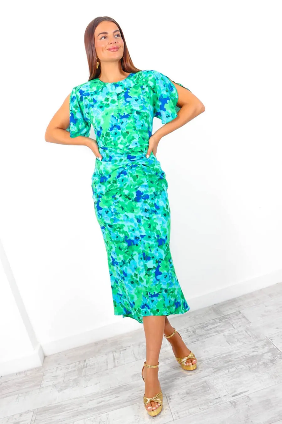 Date Night Dream - Green Blue Floral Print Ruched Midi Dress