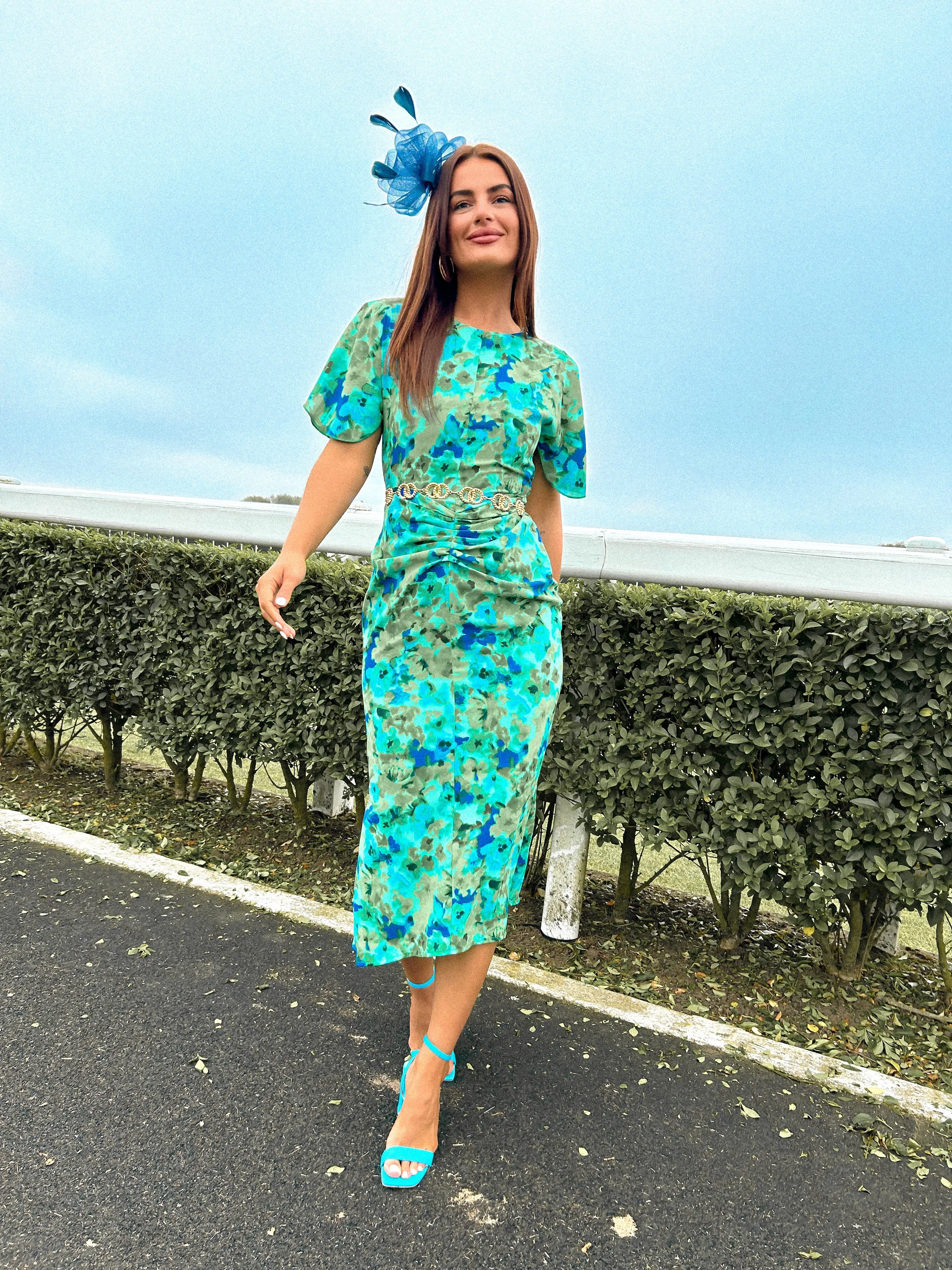Date Night Dream - Green Blue Floral Print Ruched Midi Dress