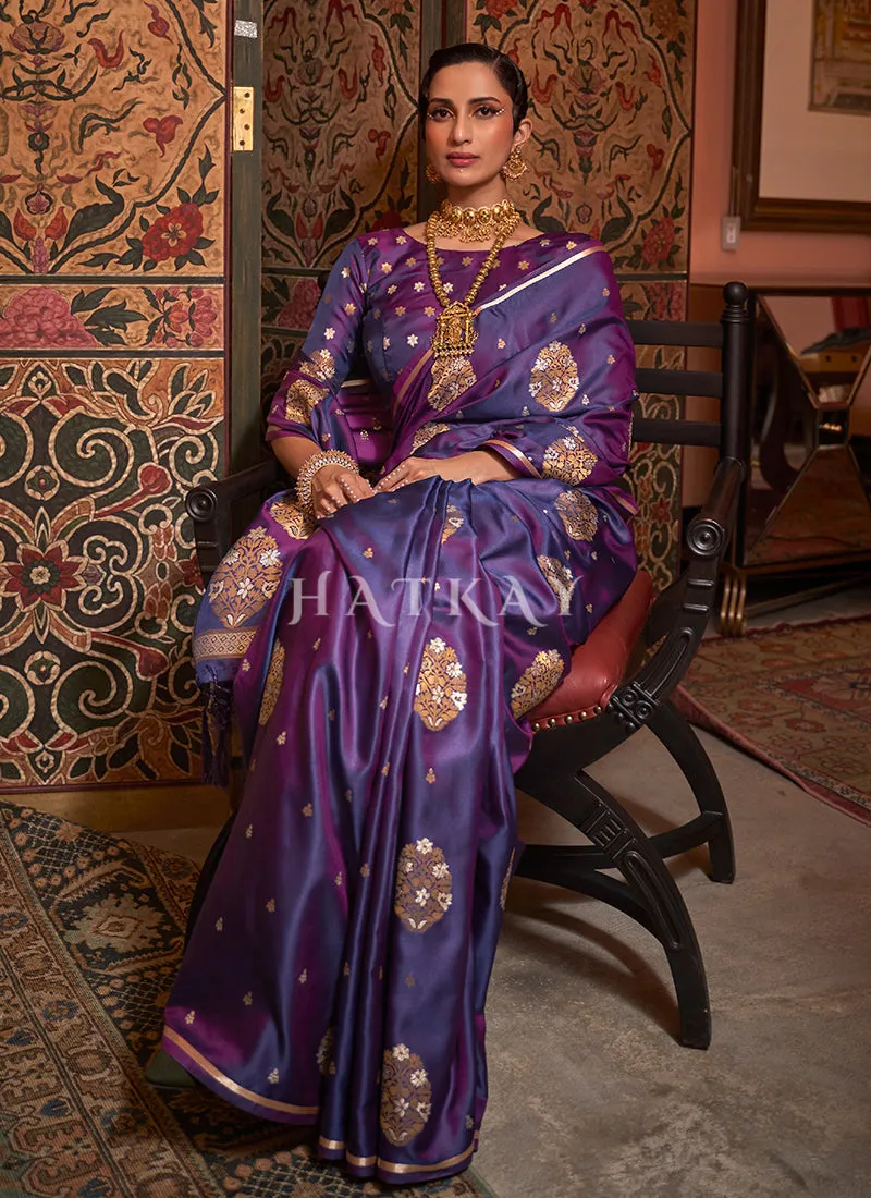 Deep Purple Zari Weaved Satin Silk Saree