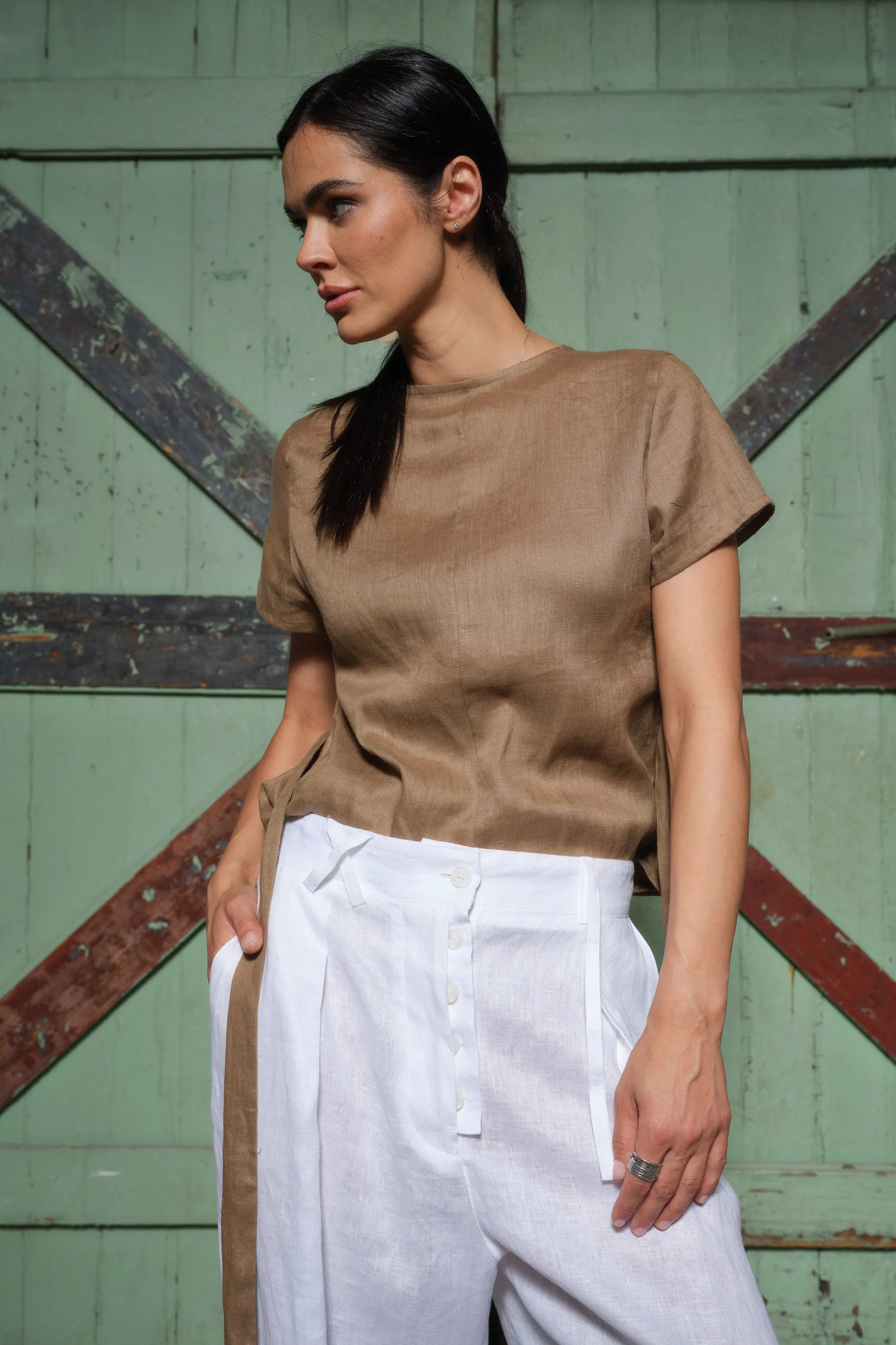 Elegant linen wrap blouse in beige color