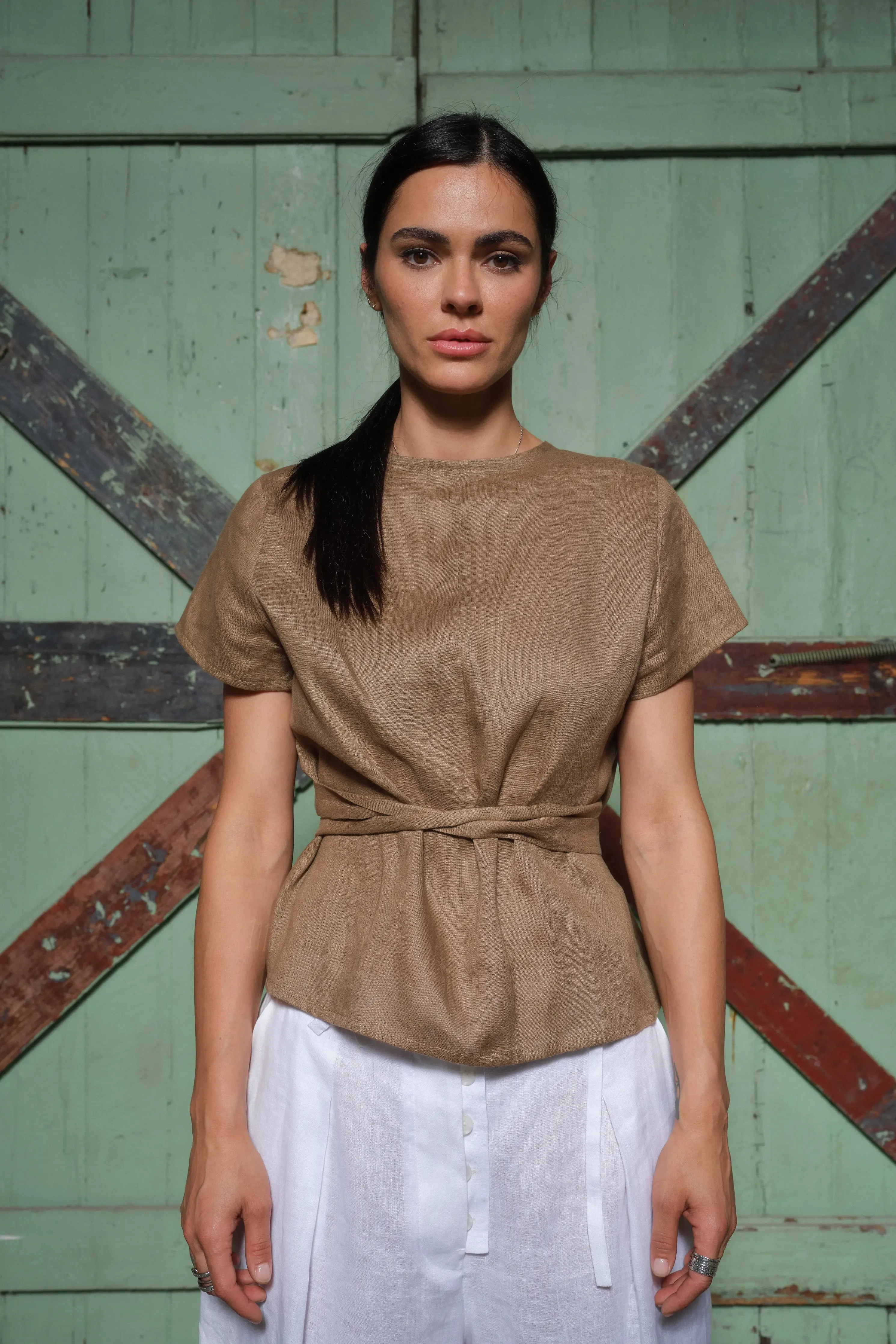 Elegant linen wrap blouse in beige color