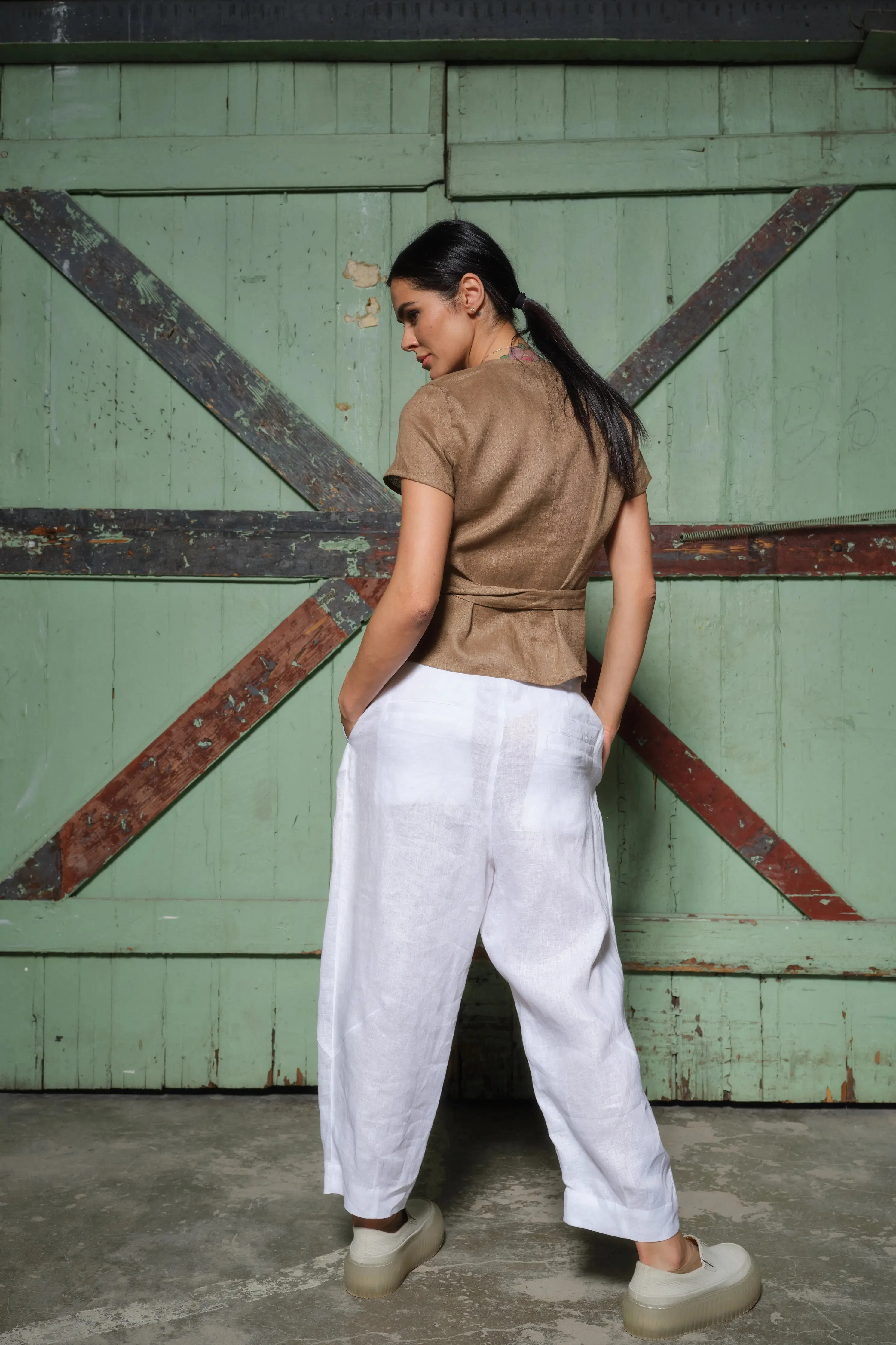 Elegant linen wrap blouse in beige color